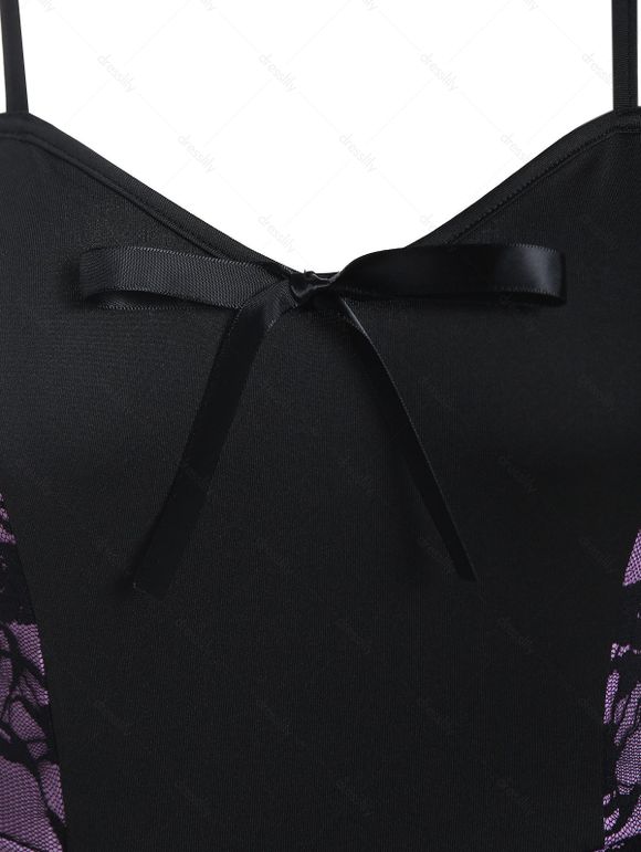 Mini Robe D'Eté Décontractée Fleur en Blocs de Couleurs Superposée à Taille Haute avec Nœud Papillon - Violet clair M