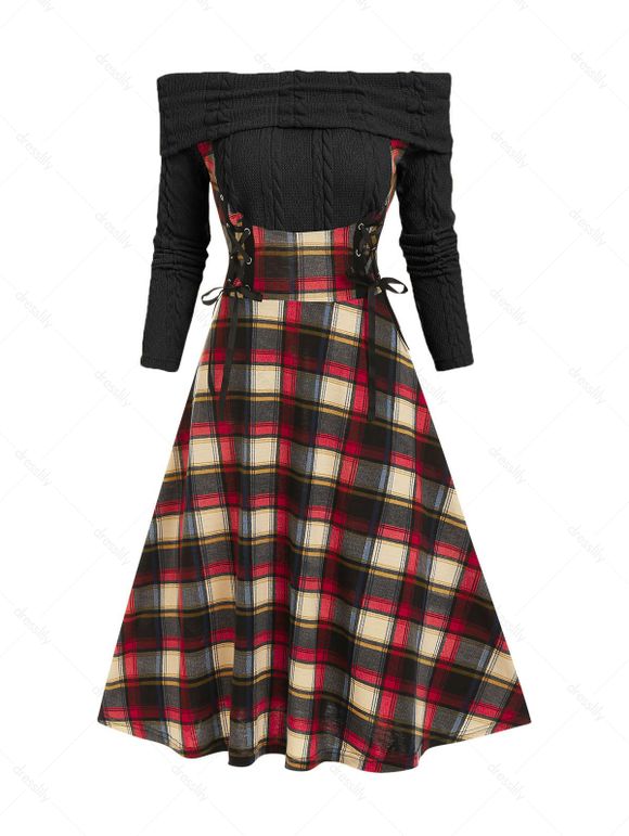 Vintage Off Shoulder Plaid Lace Up 2 In 1 Dress - BLACK XXXL