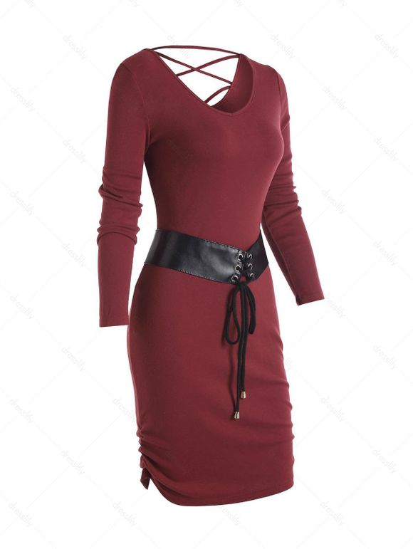 Contrast Corset Belt Criss Cross Ruched Bodycon Slinky Dress - DEEP RED XXL