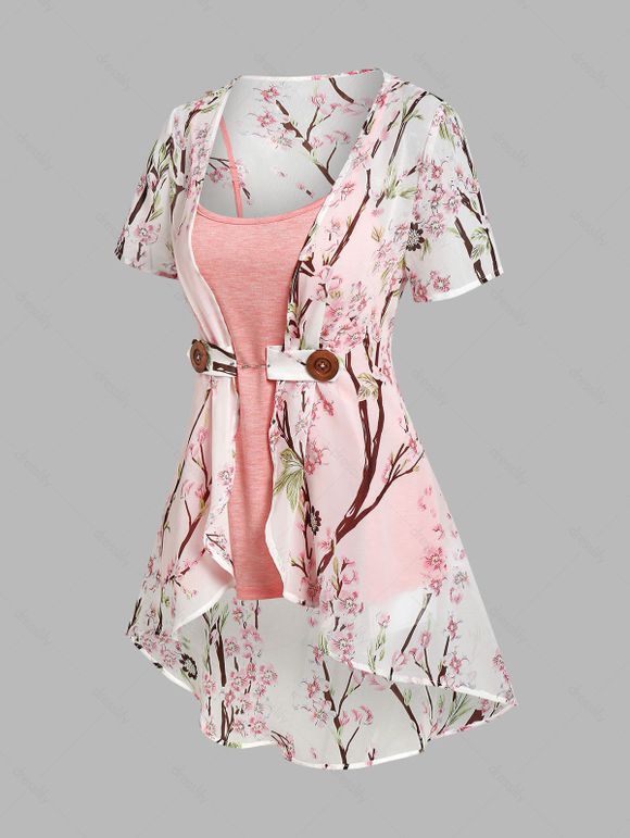 Vacation Chiffon Irregular Allover Peach Blossom Floral Print Blouse and Camisole Set - LIGHT PINK XL