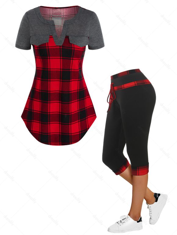 Plaid Flap Detail Curved Tee and High Rise Plaid Skinny Capri Pants Casual Outfit - multicolor 