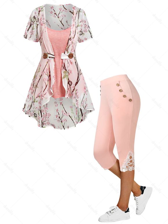 Vacation Chiffon Irregular Allover Peach Blossom Floral Print Blouse Heather Camisole Set and High Waisted Lace Applique Capri Leggings Casual Outfit - LIGHT PINK S