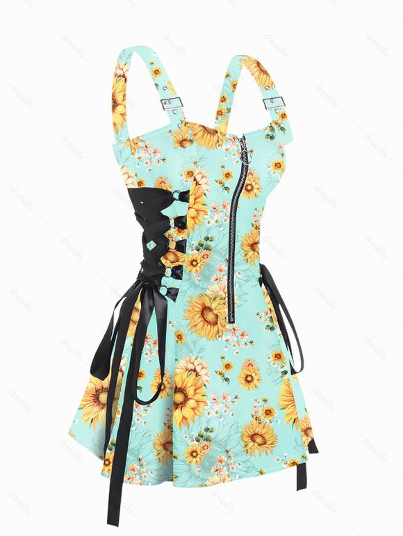 Mini Robe Ligne A à Bretelle Ajustable Zippée à Imprimé Fleur à Taille Haute à Lacets de Vacance - Vert clair XXL