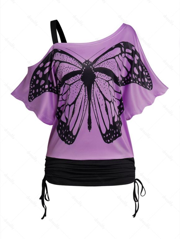 T-shirt Décontracté à Imprimé Papillon Manches Courtes à Col Oblique de Grande Taille - Violet clair 5X