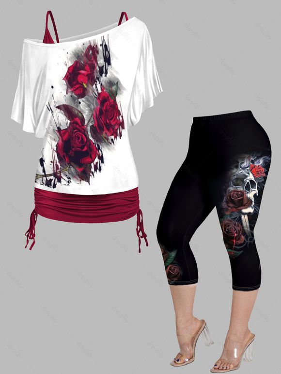 Plus Size Flower Paint Print Skew Collar Tops and Cropped Capri Leggings Outfit - multicolor A L