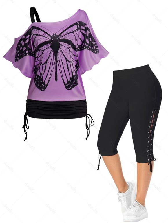 Plus Size Butterfly Print Skew Neck Tops and Lace Up Eyelet Capri Leggings Outfit - LIGHT PURPLE L