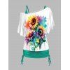 Plus Size Sunflower Print Oblique Shoulder Tops and Lace Up Eyelet Capri Leggings Outfit - GREEN L