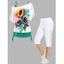 Plus Size Sunflower Print Oblique Shoulder Tops and Lace Up Eyelet Capri Leggings Outfit - GREEN L