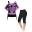 Plus Size Butterfly Print Skew Neck Tops and Lace Up Eyelet Capri Leggings Outfit - LIGHT PURPLE L