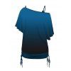 Ensemble de T-shirt à Imprimé Etoile et Lune à Col Oblique et de Camisole Ruché - Bleu profond S