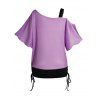 Plus Size Butterfly Print T Shirt Skew Neck Short Sleeve Cinched Side Casual Tee - LIGHT PURPLE 5X