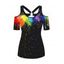 T-shirt Découpé à Imprimé Peinture Eclaboussée Colorée Anneau en O à Manches Courtes - Noir S
