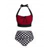 Ensemble de Bikini de Bain de Vacances Gainant en Blocs de Couleurs Matelassé à Pois à Col Halter avec Nœud Papillon - Noir L