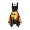 Halloween Pumpkin Ghost Bat Cross Print Asymmetric Dress Crisscross Backless Handkerchief Dress - DARK ORANGE L