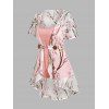 Vacation Chiffon Irregular Allover Peach Blossom Floral Print Blouse Heather Camisole Set and High Waisted Lace Applique Capri Leggings Casual Outfit - LIGHT PINK S