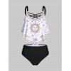 Celestial Sun Animal Graphic Swimsuit Crisscross High Rise Tankini Swimsuit - BLACK XL