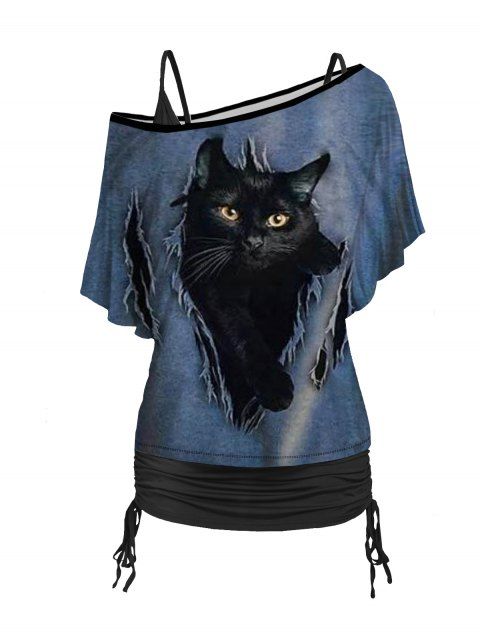 Faux Denim Cat 3D Print Skew Collar T-shirt And Cinched V Neck Spaghetti Strap Camisole Set