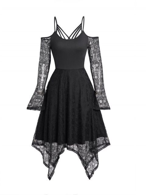 Robe d'Halloween à manches en dentelle et motif tête de mort, robe mi-longue gothique à épaules dénudées et ourlet mouchoir