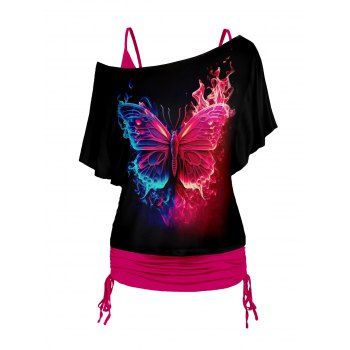 

Plus Size Butterfly Print Skew Neck T Shirt and Cinched Ruched Long Camisole Set, Red