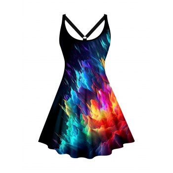 

Plus Size Colorful Print Dress Sleeveless A Line U Neck Casual Mini Dress, Multicolor a