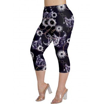 

Plus Size Cat and Moon Print Capri Leggings Elastic Waist Cropped Casual Leggings, Black