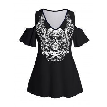 

Plus Size Skull and Wing Print Halloween T Shirt Colorblock Cold Shoulder V Neck Casual Tee, Black