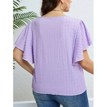 Plus Size T Shirt Textured Plain Color Ruffle Sleeve Round Neck Casual Tee