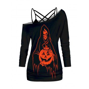 

Skull and Pumpkin Print Skew Neck T Shirt and Lattice Cami Camisole Halloween Set, Black