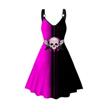 

Skull and Wing Print Halloween Dress O Ring V Neck A Line Midi Dress, Black