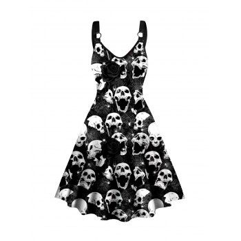 

Skull Allover Print Halloween Dress O Ring Sleeveless A Line Casual Dress, Black