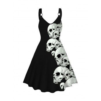 

Colorblock Skull Print Dress O Ring V Neck Sleeveless Casual Dress, Black