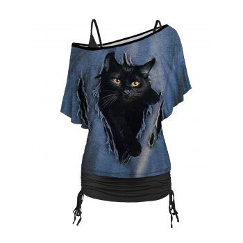 

Faux Denim Cat 3D Print Skew Collar T-shirt And Cinched V Neck Spaghetti Strap Camisole Set, Deep blue