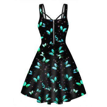 

Half Zipper Mini Dress Allover Sparkly Butterfly Print Sleeveless A Line Dress, Black