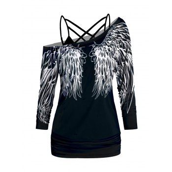 

Wing Print Skew Collar Long Sleeve T-shirt And Lattice Spaghetti Strap Camisole Two Piece Set, Black