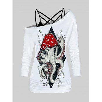 

Octopus Print Skew Neck T Shirt and Lattice Strap Cami Camisole Set, White