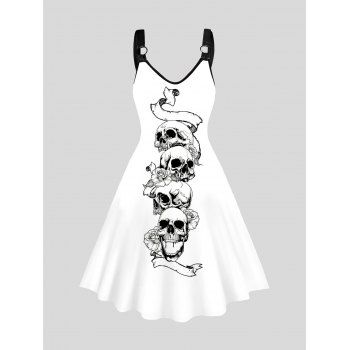 

Colorblock Skull Print Dress O Ring V Neck Sleeveless Casual Dress, White