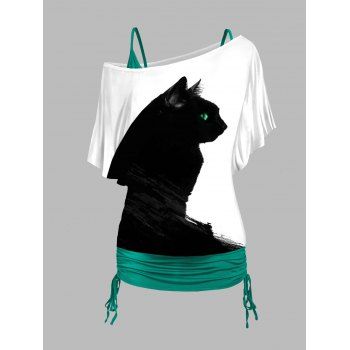 

Colorblock Cat Print Skew Collar T-shirt And Cinched Spaghetti Strap Camisole Set, Black