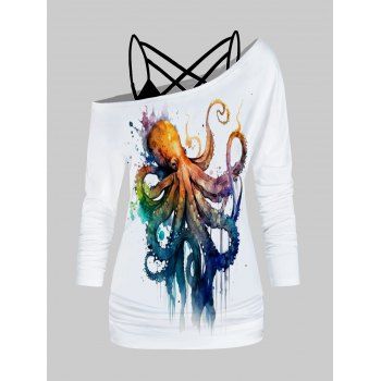 

Octopus Print Skew Neck T Shirt and Plain Color Lattice Strap Camisole Set, White