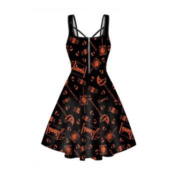 

Pumpkin Allover Print Halloween Dress Zip Front Sleeveless A Line Mini Dress, Black