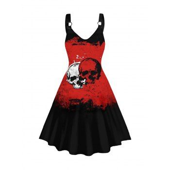 

Colorblock Skull Print Halloween Dress O Ring A Line Sleeveless Midi Dress, Black