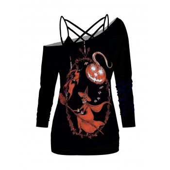 

Pumpkin and Witch Print Skew Neck T Shirt and Lattice Camisole Halloween Set, Black