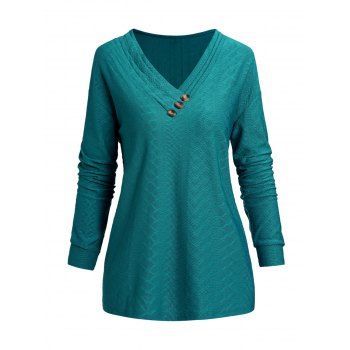 

Plain Color Textured Top Mock Button Long Sleeve V Neck Casual Top, Green