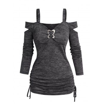 

Butterfly Decor Cinched Ruched Top Heathered Cold Shoulder Casual Top, Dark gray