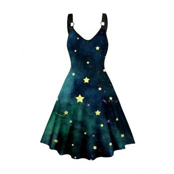 

Star Sky Paint Print Dress O Ring V Neck Sleeveless Casual A Line Dress, Deep green