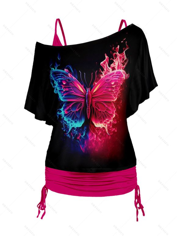 Plus Size Butterfly Print Skew Neck T Shirt and Cinched Ruched Long Camisole Set - RED 3X