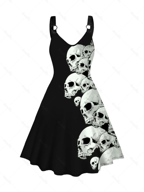 Robe Décontractée Crâne Anneau en O en Blocs de Couleurs sans Manches à Col V - Noir XXL