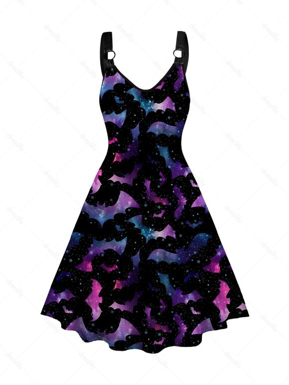 Robe Halloween Mi-Longue Décontractée Ligne A à Imprimé Etoile Chauve-souris et Etoile sans Manches - Noir S
