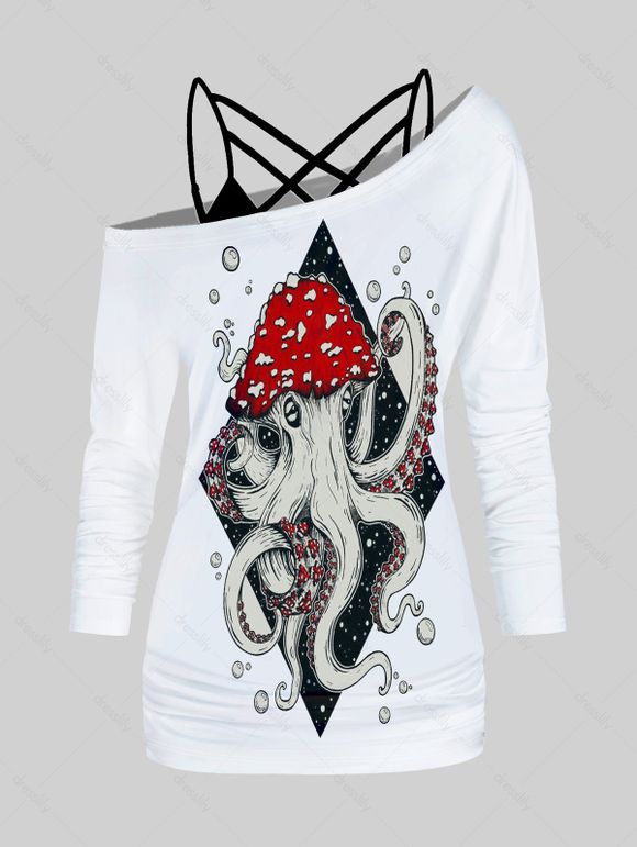 Ensemble de T-shirt à Imprimé Pieuvre à Col Oblique et de Camisole à Bretelle en Treillis - Blanc L