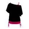 Ensemble de T-shirt à Imprimé Papillon à Col Oblique et de Camisole Longue Ruché de Grande Taille - Rouge 4X