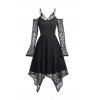 Robe d'Halloween à manches en dentelle et motif tête de mort, robe mi-longue gothique à épaules dénudées et ourlet mouchoir - Noir XXL